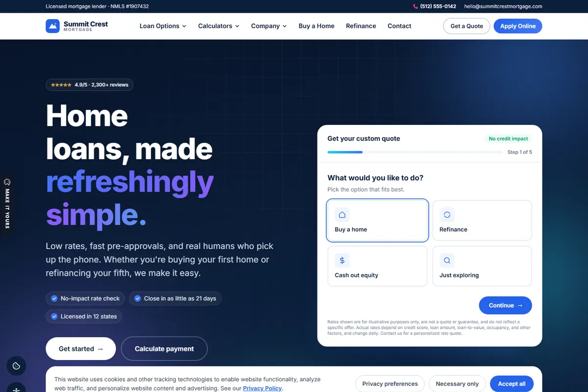 A live mortgage website built by GetMortgageWebsite, showing a hero headline and a multi-step rate-quote form